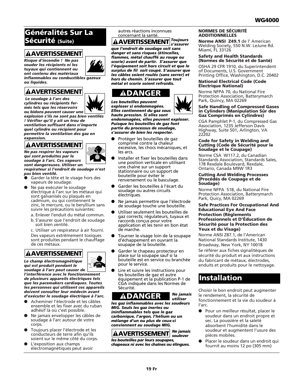 Danger, Généralités sur la sécurité, Installation | Avertissement | Campbell Hausfeld WG4000 User Manual | Page 19 / 48