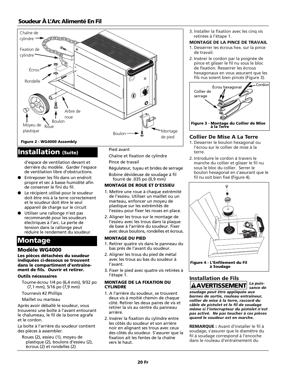 Montage, Installation, Avertissement | Soudeur à l’arc alimenté en fil | Campbell Hausfeld WG4000 User Manual | Page 20 / 48