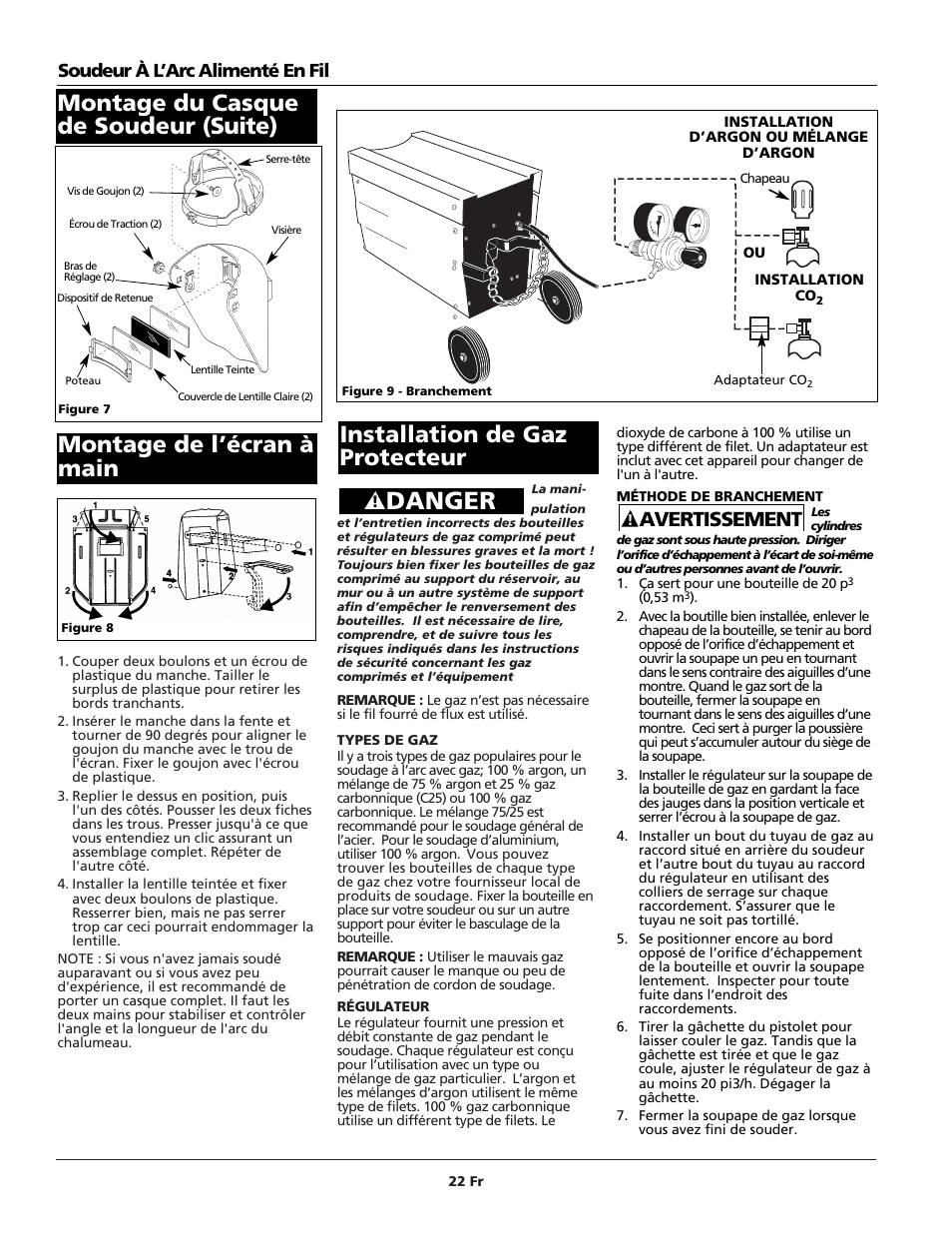 Danger, Montage du casque de soudeur (suite), Installation de gaz protecteur | Montage de l’écran à main, Avertissement, Soudeur à l’arc alimenté en fil | Campbell Hausfeld WG4000 User Manual | Page 22 / 48