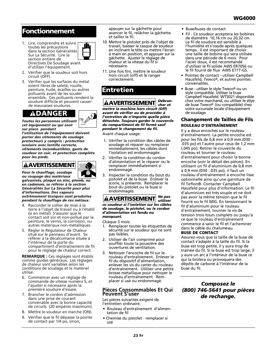 Danger, Entretien, Fonctionnement | Avertissement, Pièces consommables et qui peuvent s’user, Wg4000 | Campbell Hausfeld WG4000 User Manual | Page 23 / 48