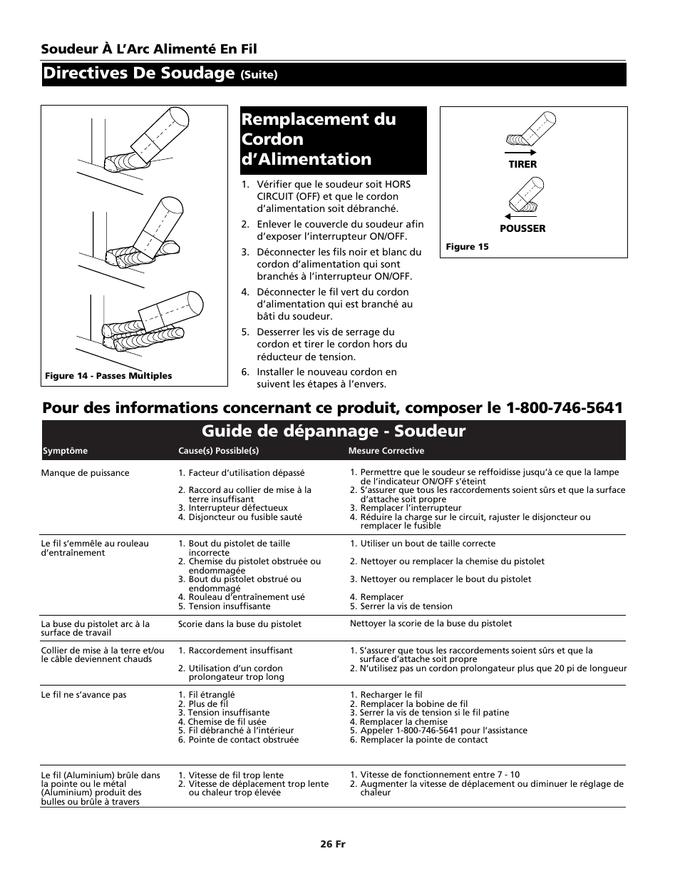 Guide de dépannage - soudeur, Remplacement du cordon d’alimentation, Directives de soudage | Soudeur à l’arc alimenté en fil | Campbell Hausfeld WG4000 User Manual | Page 26 / 48