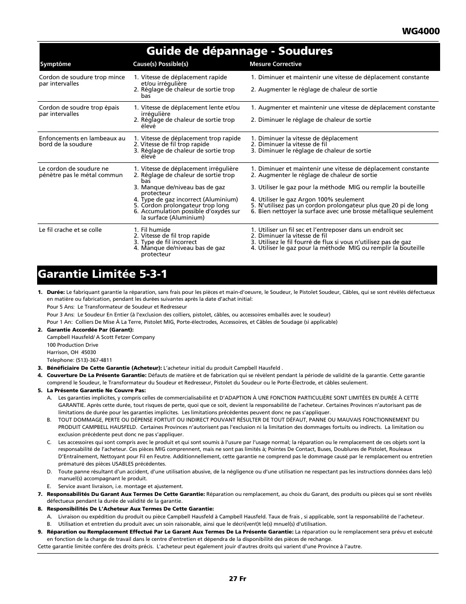 Guide de dépannage - soudures, Garantie limitée 5-3-1, Wg4000 | Campbell Hausfeld WG4000 User Manual | Page 27 / 48