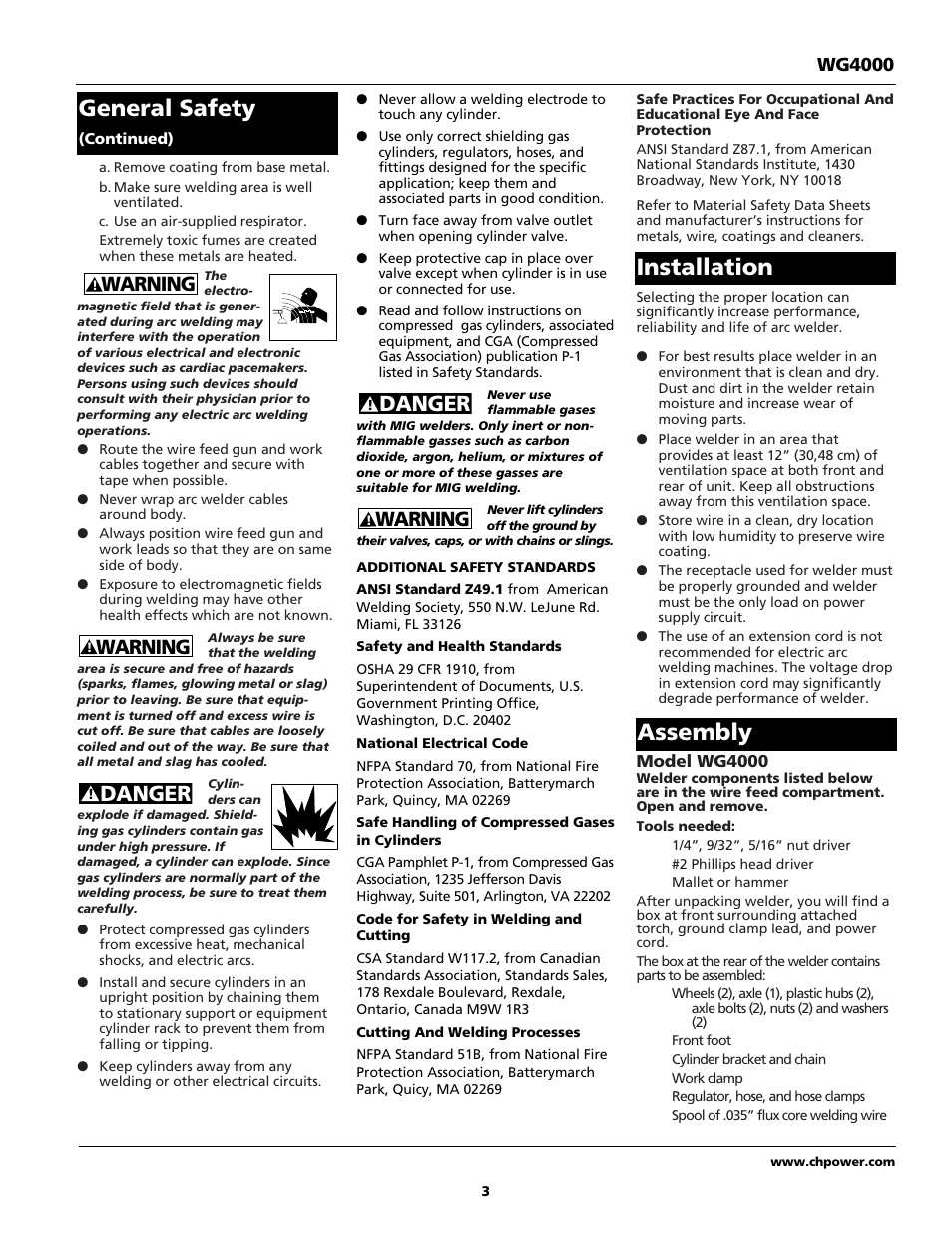 General safety, Installation assembly, Danger | Warning, Wg4000 | Campbell Hausfeld WG4000 User Manual | Page 3 / 48