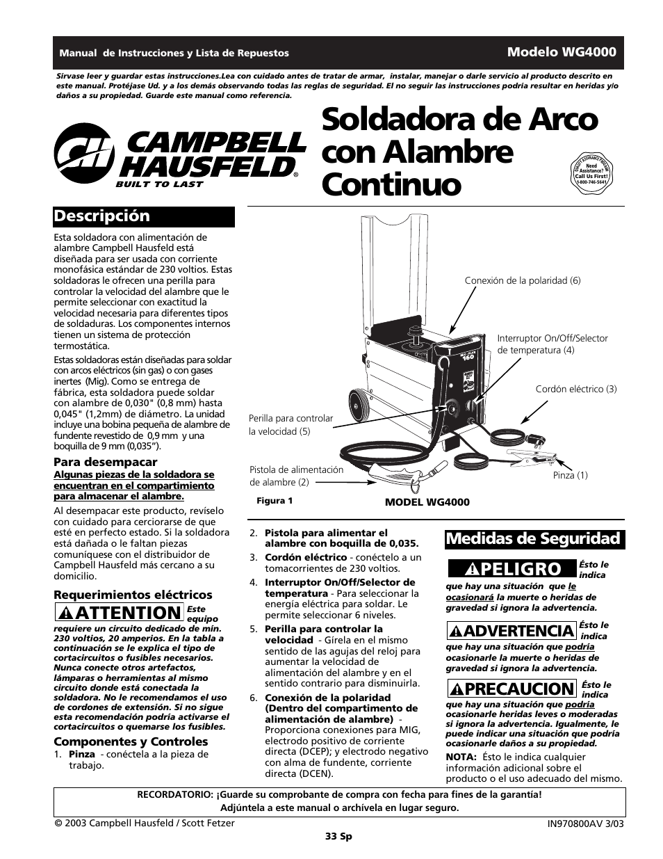 Soldadora de arco con alambre continuo, Attention, Peligro | Precaucion, Advertencia, Descripción, Medidas de seguridad, Modelo wg4000, Para desempacar, Requerimientos eléctricos | Campbell Hausfeld WG4000 User Manual | Page 33 / 48