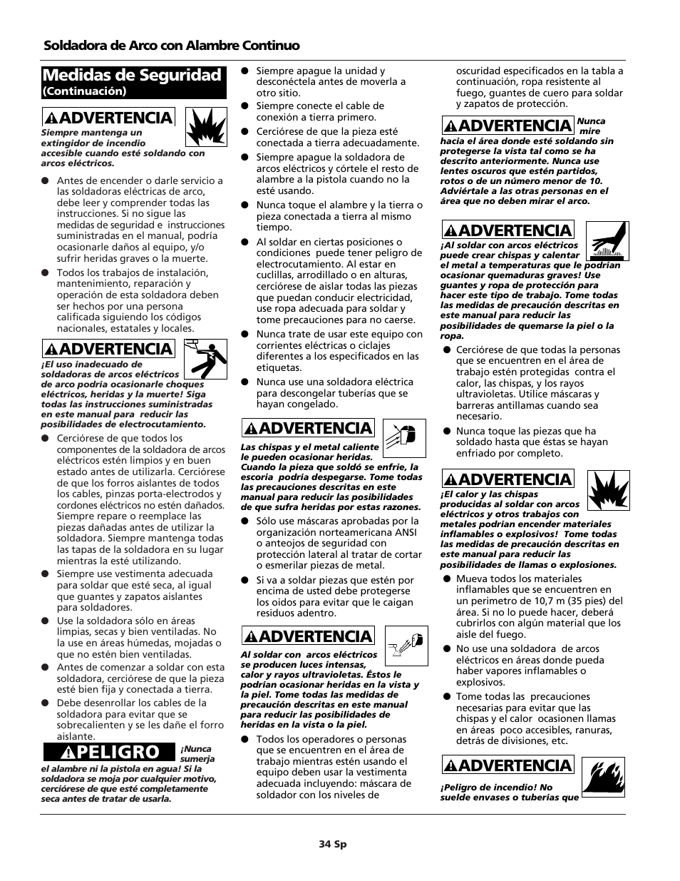Peligro, Advertencia, Medidas de seguridad | Campbell Hausfeld WG4000 User Manual | Page 34 / 48