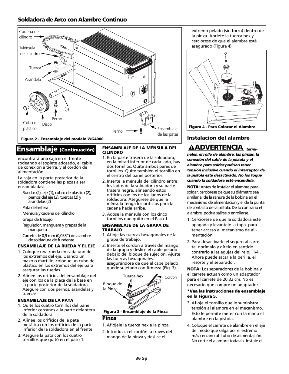 Advertencia ensamblaje, Soldadora de arco con alambre continuo | Campbell Hausfeld WG4000 User Manual | Page 36 / 48