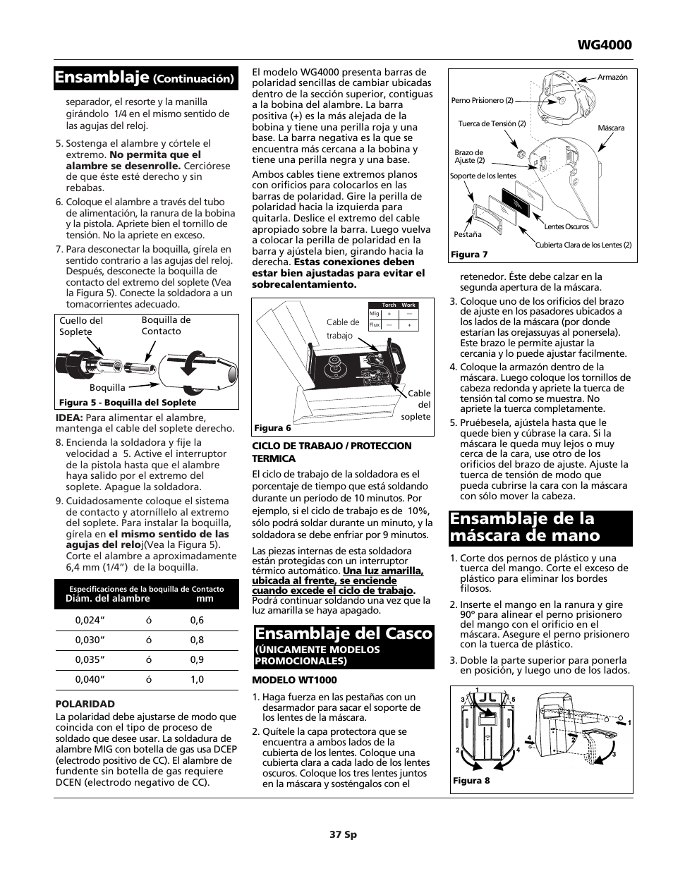 Ensamblaje, Ensamblaje del casco, Ensamblaje de la máscara de mano | Wg4000 | Campbell Hausfeld WG4000 User Manual | Page 37 / 48