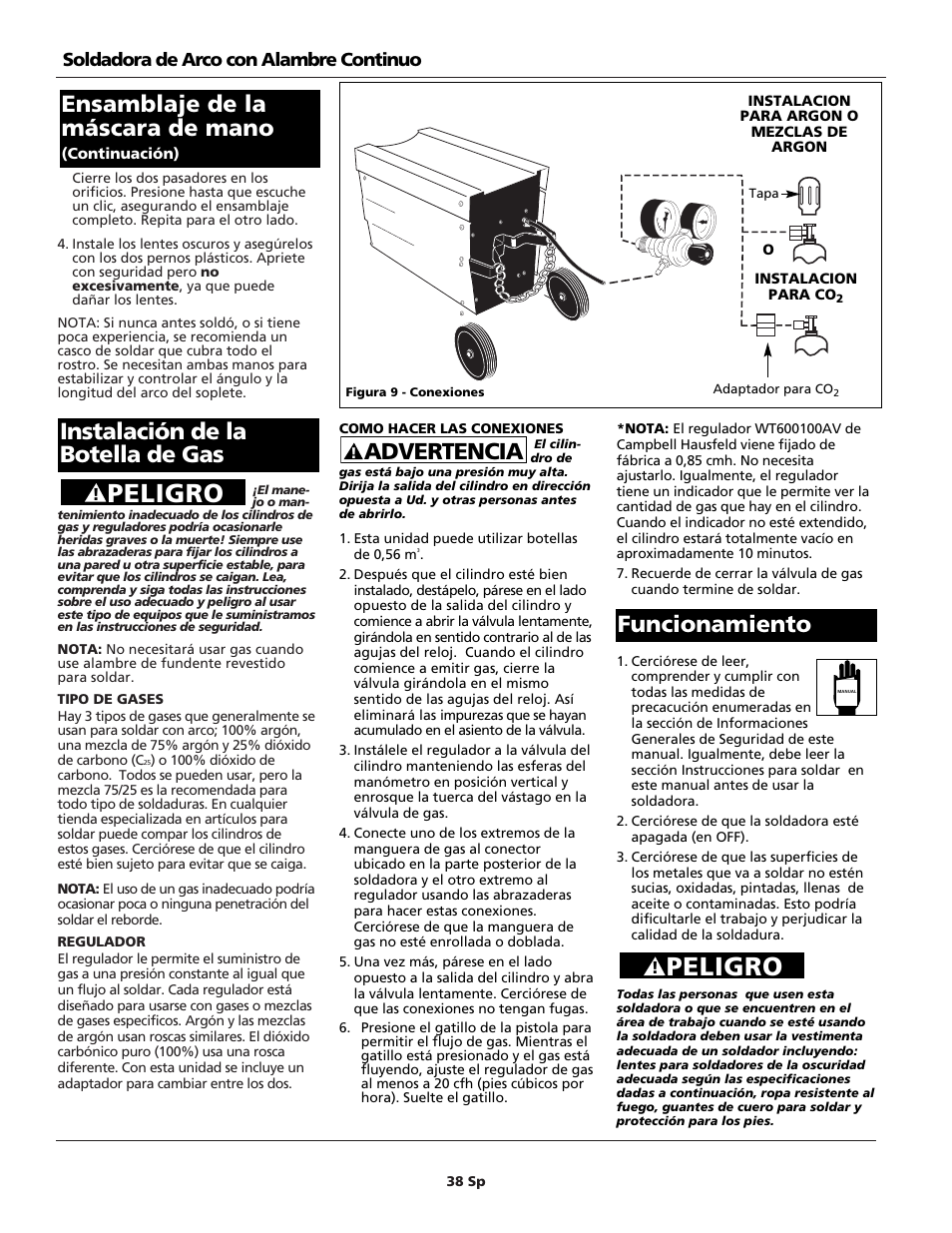 Peligro, Advertencia, Funcionamiento | Instalación de la botella de gas, Ensamblaje de la máscara de mano, Soldadora de arco con alambre continuo | Campbell Hausfeld WG4000 User Manual | Page 38 / 48