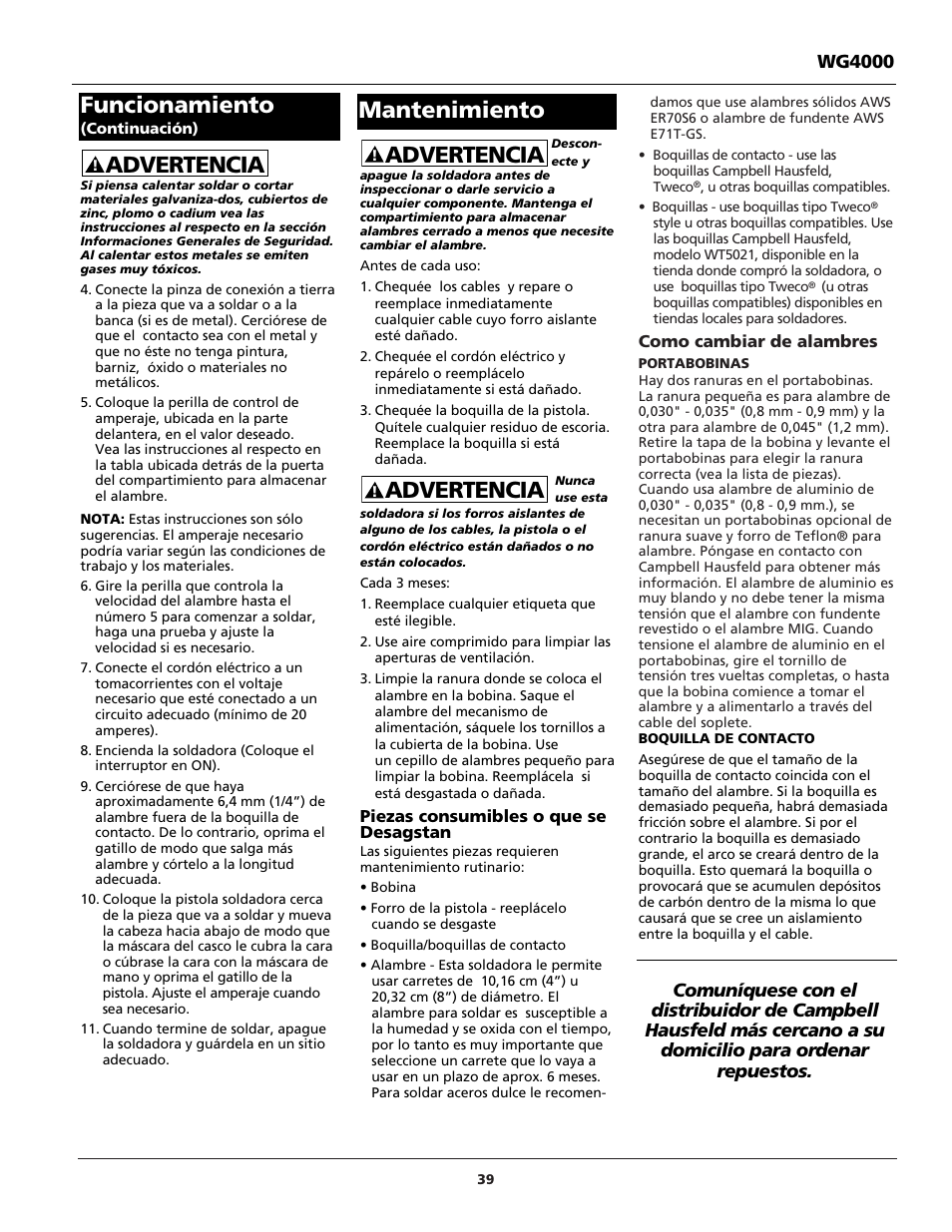 Advertencia, Funcionamiento, Mantenimiento | Campbell Hausfeld WG4000 User Manual | Page 39 / 48