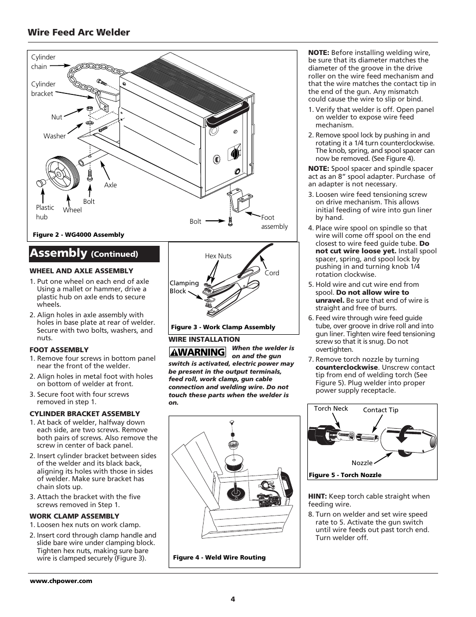 Assembly, Warning, Wire feed arc welder | Campbell Hausfeld WG4000 User Manual | Page 4 / 48