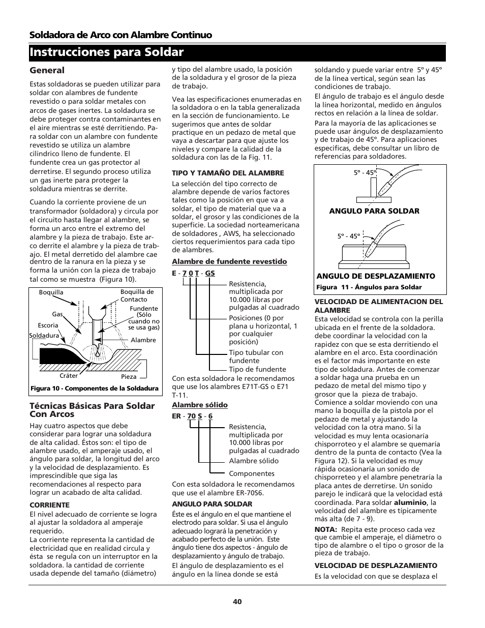 Instrucciones para soldar, Soldadora de arco con alambre continuo | Campbell Hausfeld WG4000 User Manual | Page 40 / 48