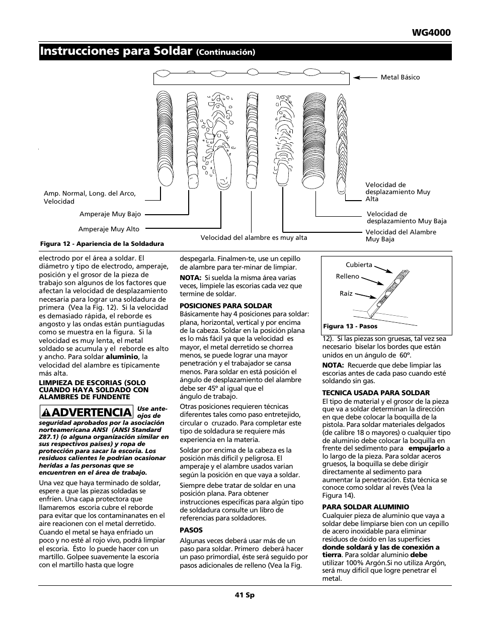 Advertencia, Instrucciones para soldar, Wg4000 | Campbell Hausfeld WG4000 User Manual | Page 41 / 48