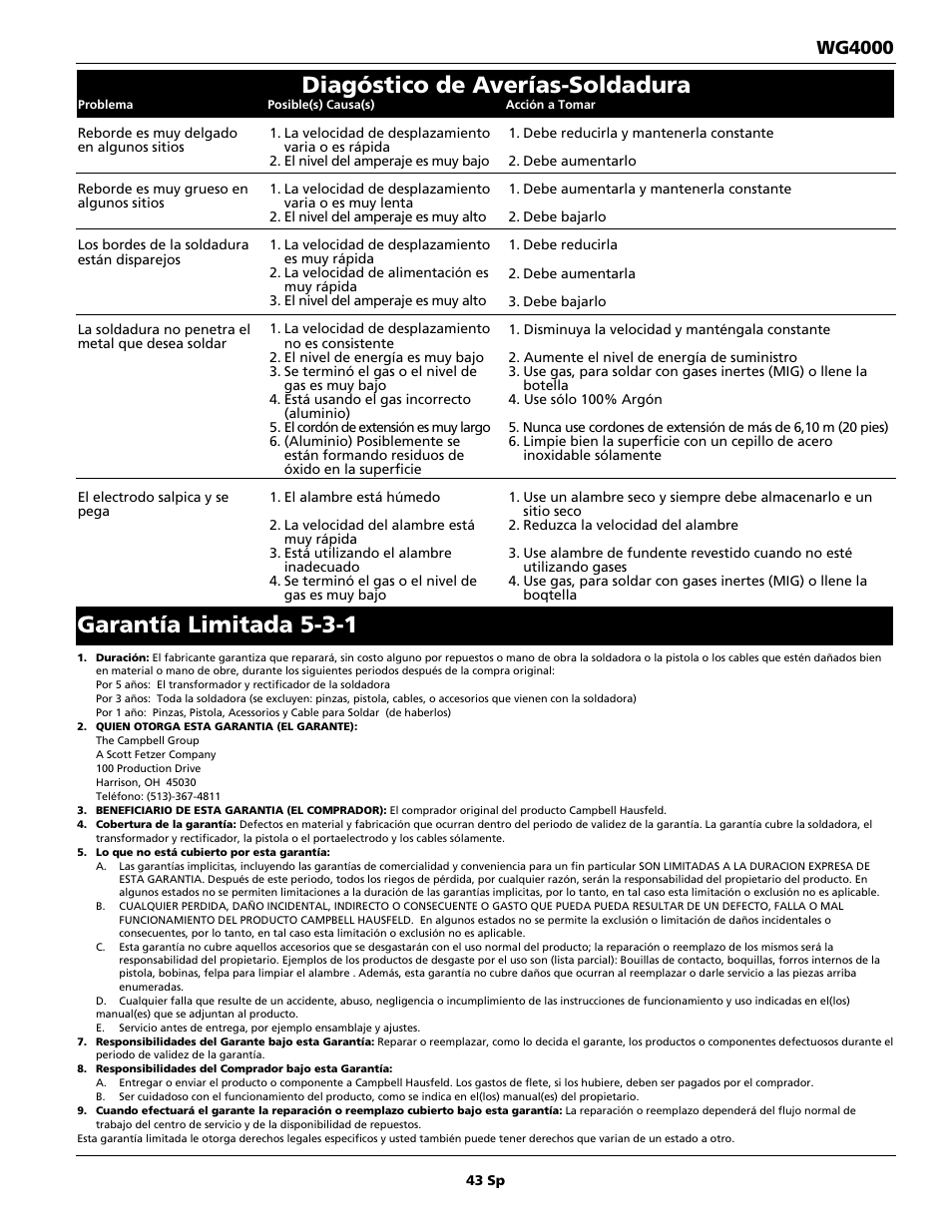 Diagóstico de averías-soldadura, Garantía limitada 5-3-1, Wg4000 | Campbell Hausfeld WG4000 User Manual | Page 43 / 48