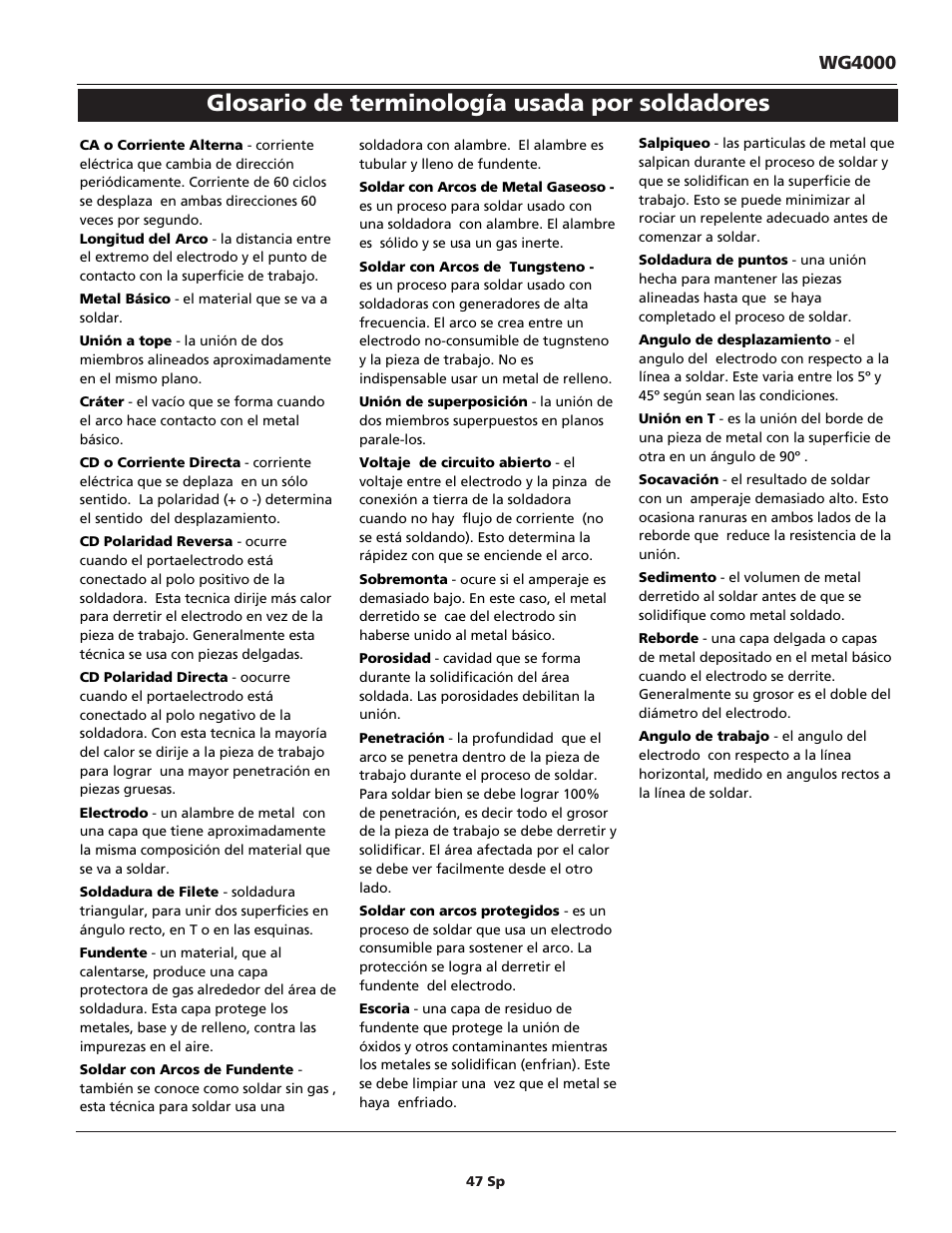 Glosario de terminología usada por soldadores, Wg4000 | Campbell Hausfeld WG4000 User Manual | Page 47 / 48