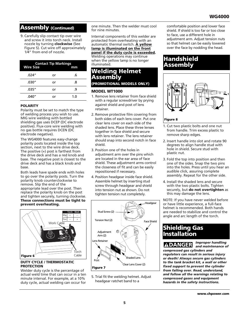 Assembly, Welding helmet assembly, Shielding gas installation | Handshield assembly, Danger, Wg4000 | Campbell Hausfeld WG4000 User Manual | Page 5 / 48