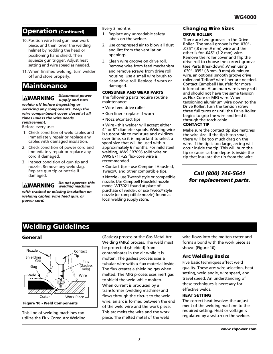 Maintenance welding guidelines, Operation, Warning | Wg4000 | Campbell Hausfeld WG4000 User Manual | Page 7 / 48
