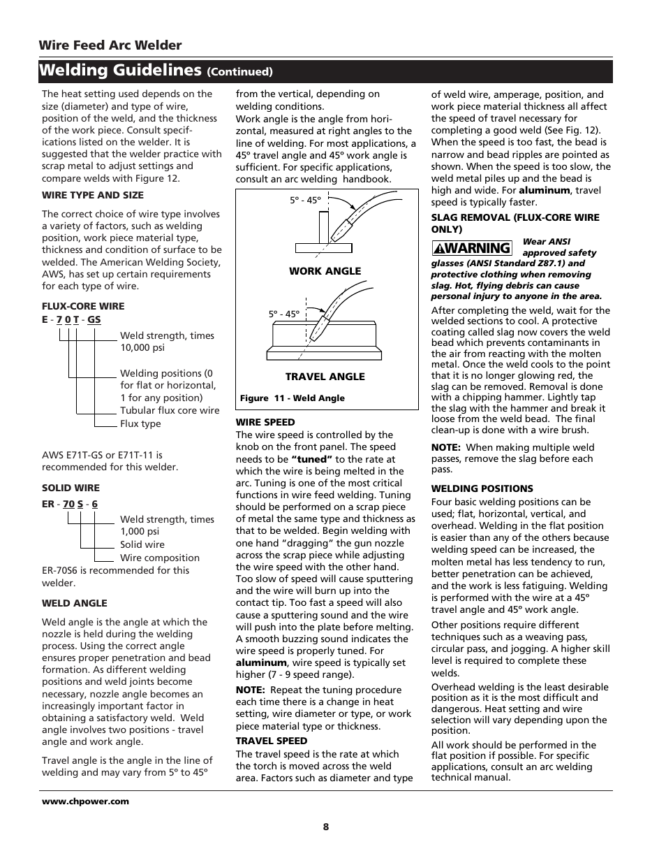 Welding guidelines, Warning, Wire feed arc welder | Campbell Hausfeld WG4000 User Manual | Page 8 / 48