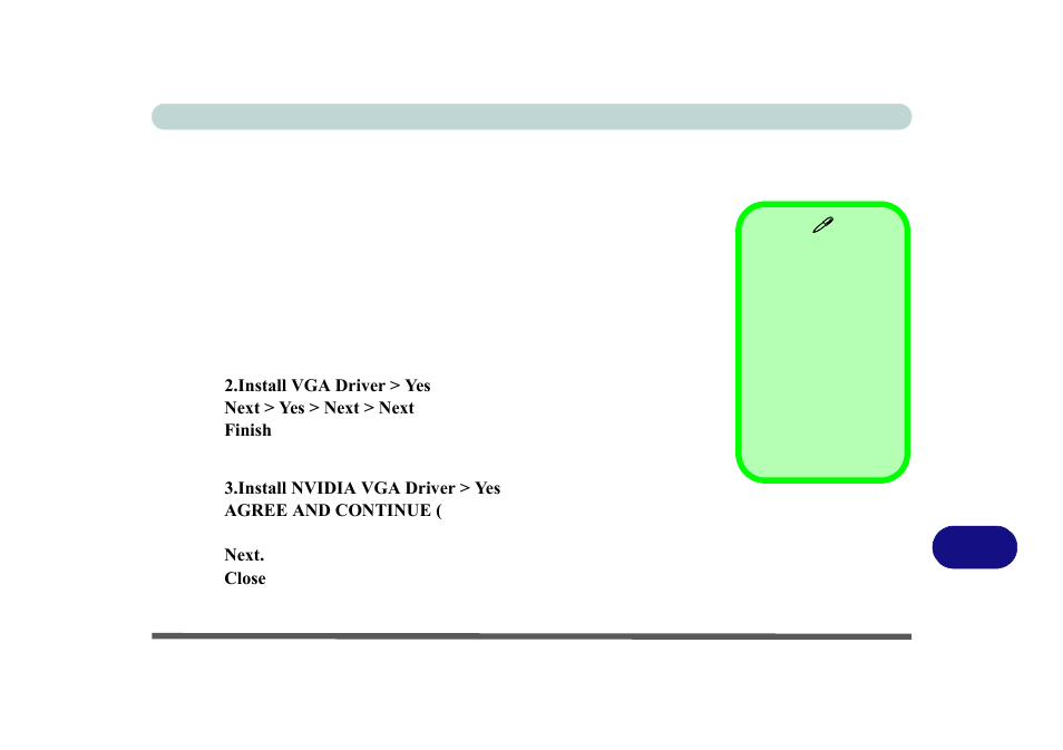 Appendix c: video driver controls, Video driver installation, Video (vga) | Nvidia video (vga), Video driver controls, Appendix c, For instructi | Eurocom M3 User Manual | Page 226 / 265