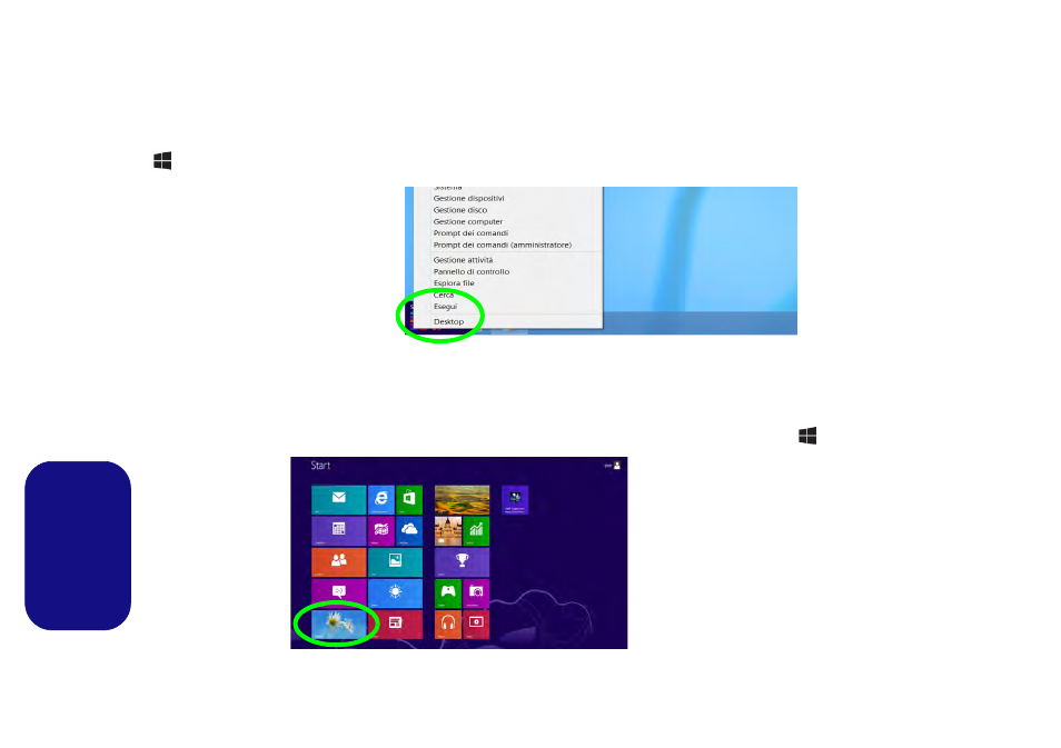 Pannello di controllo e desktop di windows, Schermata start e desktop di windows, Italiano | Eurocom Electra User Manual | Page 104 / 114