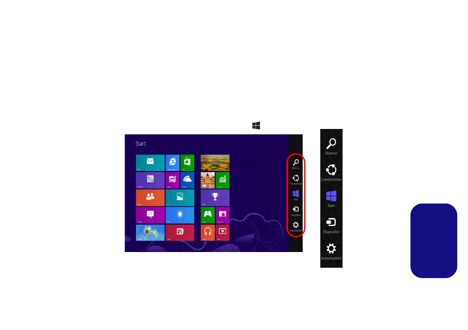 App & titoli, Charms bar di windows 8, App & titoli charms bar di windows 8 | Eurocom Electra User Manual | Page 105 / 114