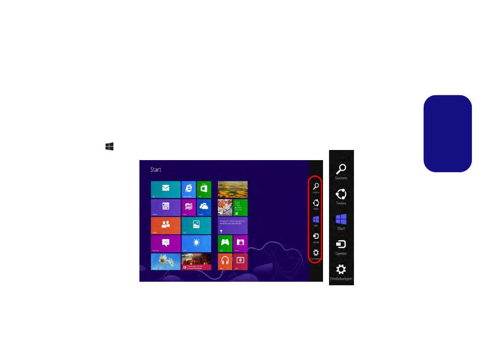 Apps und kacheln, Windows 8 charms-leiste, Apps und kacheln windows 8 charms-leiste | Eurocom Electra User Manual | Page 39 / 114