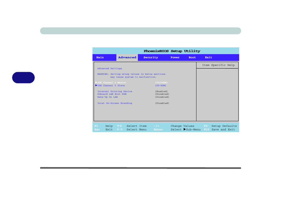 Advanced menu, Ide channel 0 master/slave (main menu), Bios utilities 5 - 8 advanced menu | Figure 5 - 3 | Eurocom M620NC TITANIUM User Manual | Page 76 / 140