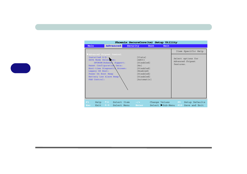 Advanced menu, Advanced chipset control (advanced menu), For further information) | Is selected as the o/s, Bios utilities 5 - 8 advanced menu, Figure 5 - 3, Only available if windows vista | Eurocom M720R GALAXY-X User Manual | Page 86 / 222