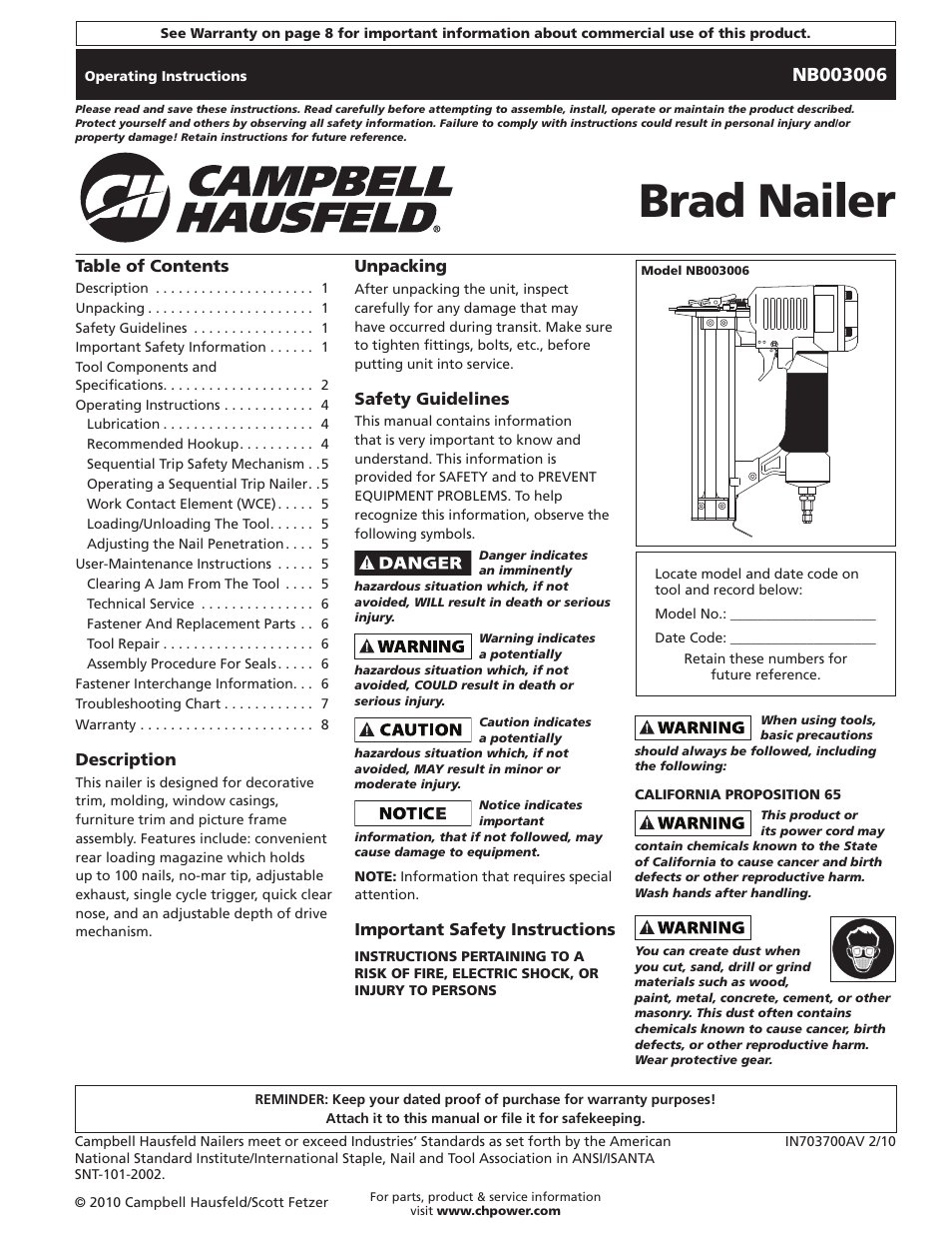 Campbell Hausfeld IN703700AV User Manual | 24 pages