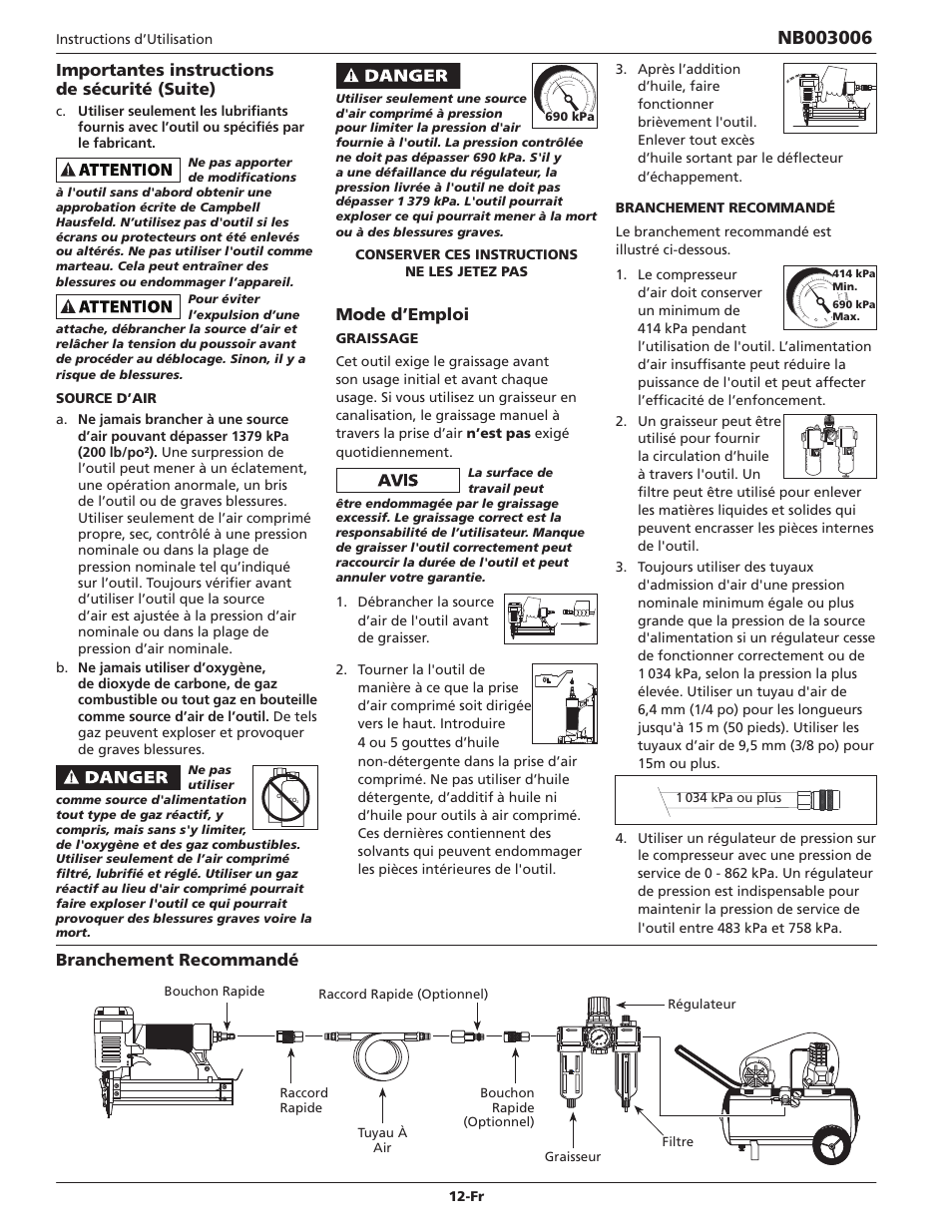 Importantes instructions de sécurité (suite), Mode d’emploi, Branchement recommandé | Campbell Hausfeld IN703700AV User Manual | Page 12 / 24
