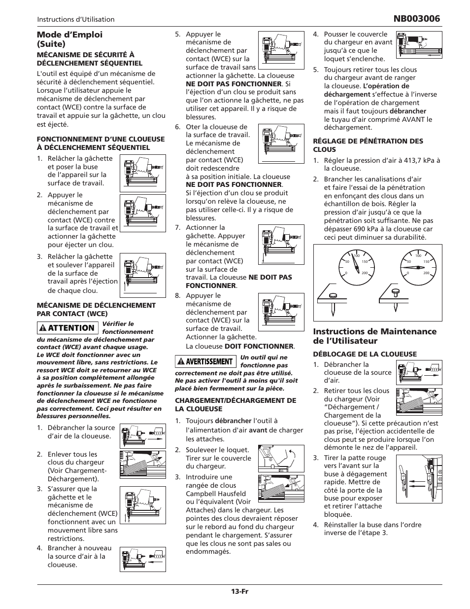 Mode d’emploi (suite), Instructions de maintenance de l’utilisateur | Campbell Hausfeld IN703700AV User Manual | Page 13 / 24