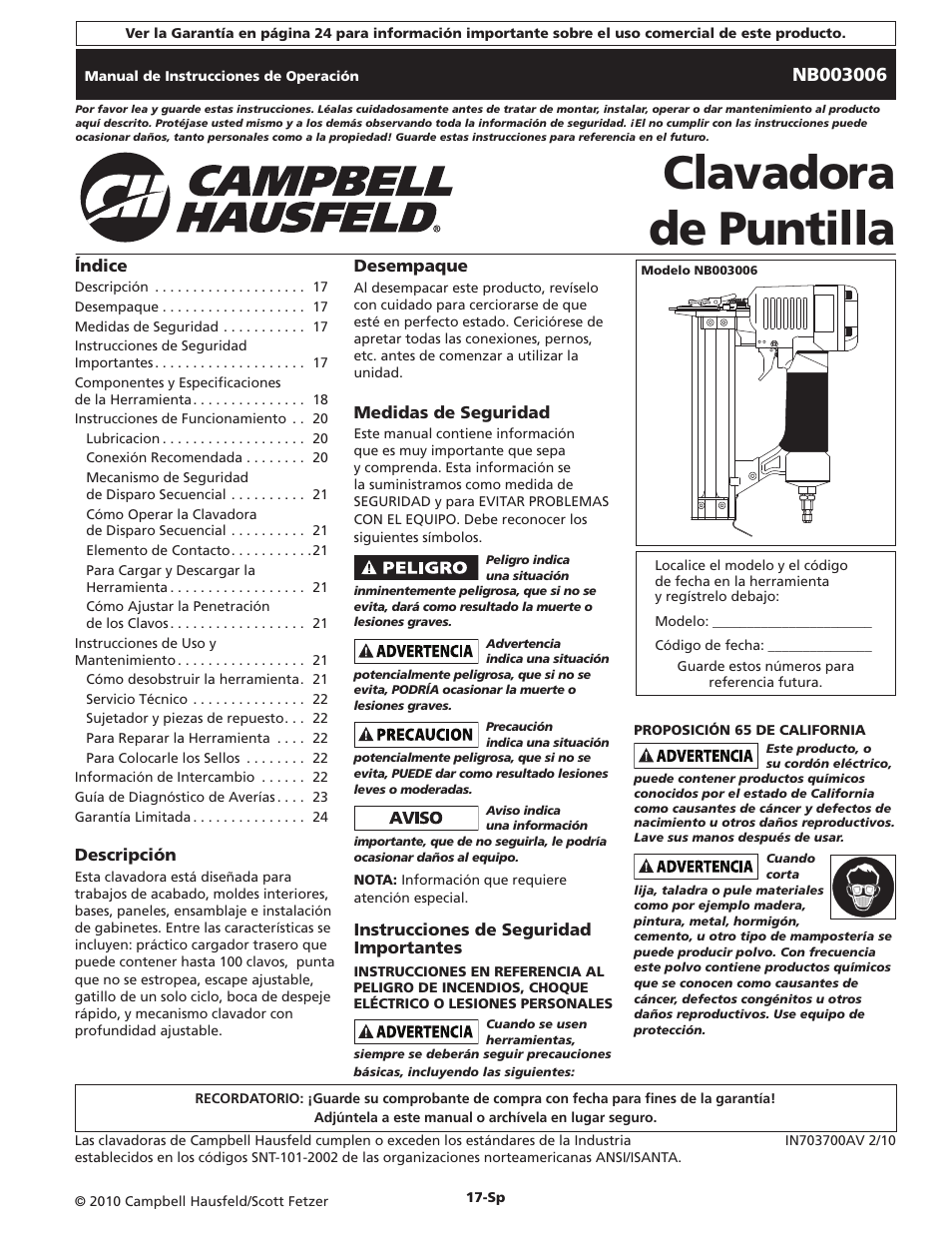 Clavadora de puntilla | Campbell Hausfeld IN703700AV User Manual | Page 17 / 24