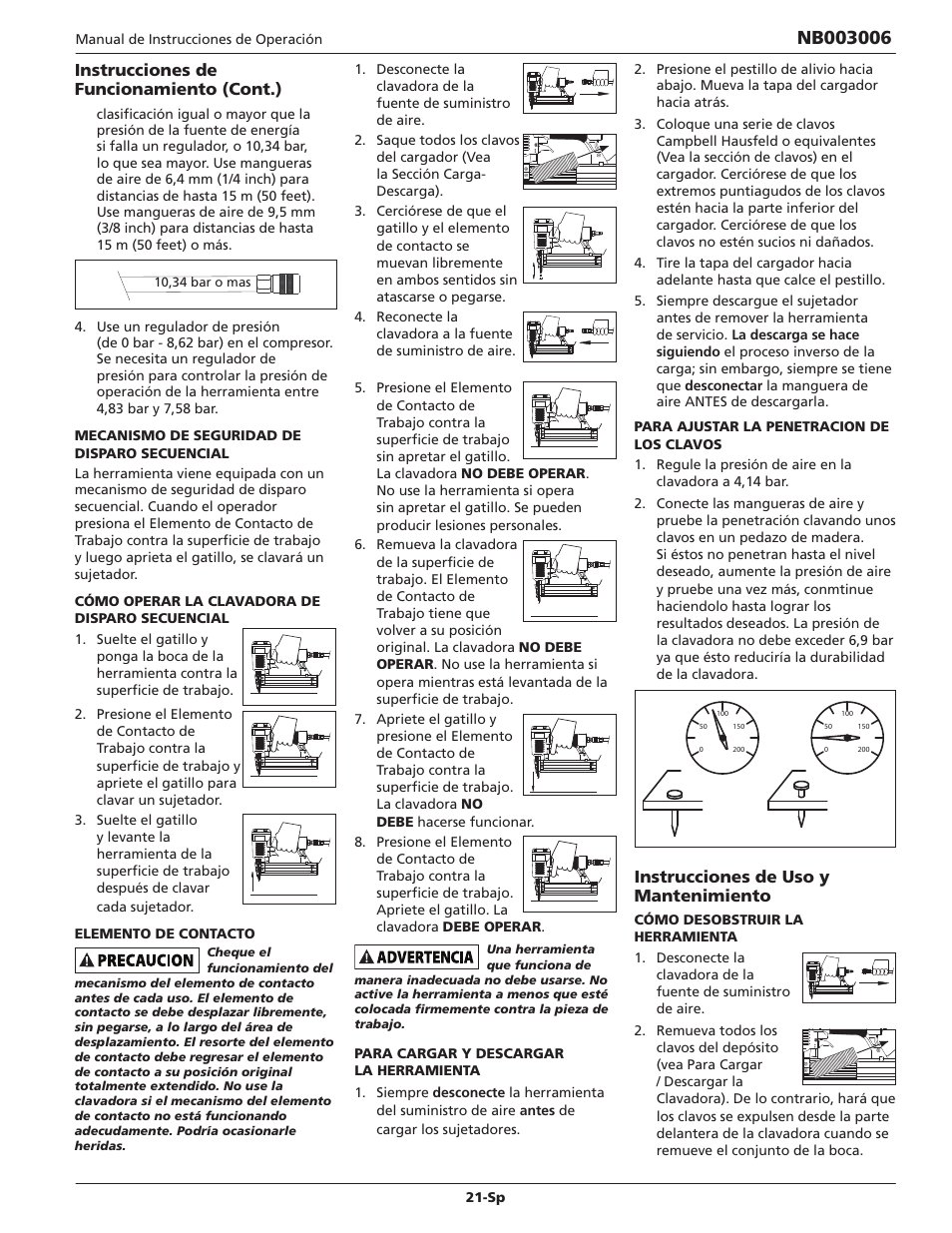 Instrucciones de funcionamiento (cont.), Instrucciones de uso y mantenimiento | Campbell Hausfeld IN703700AV User Manual | Page 21 / 24