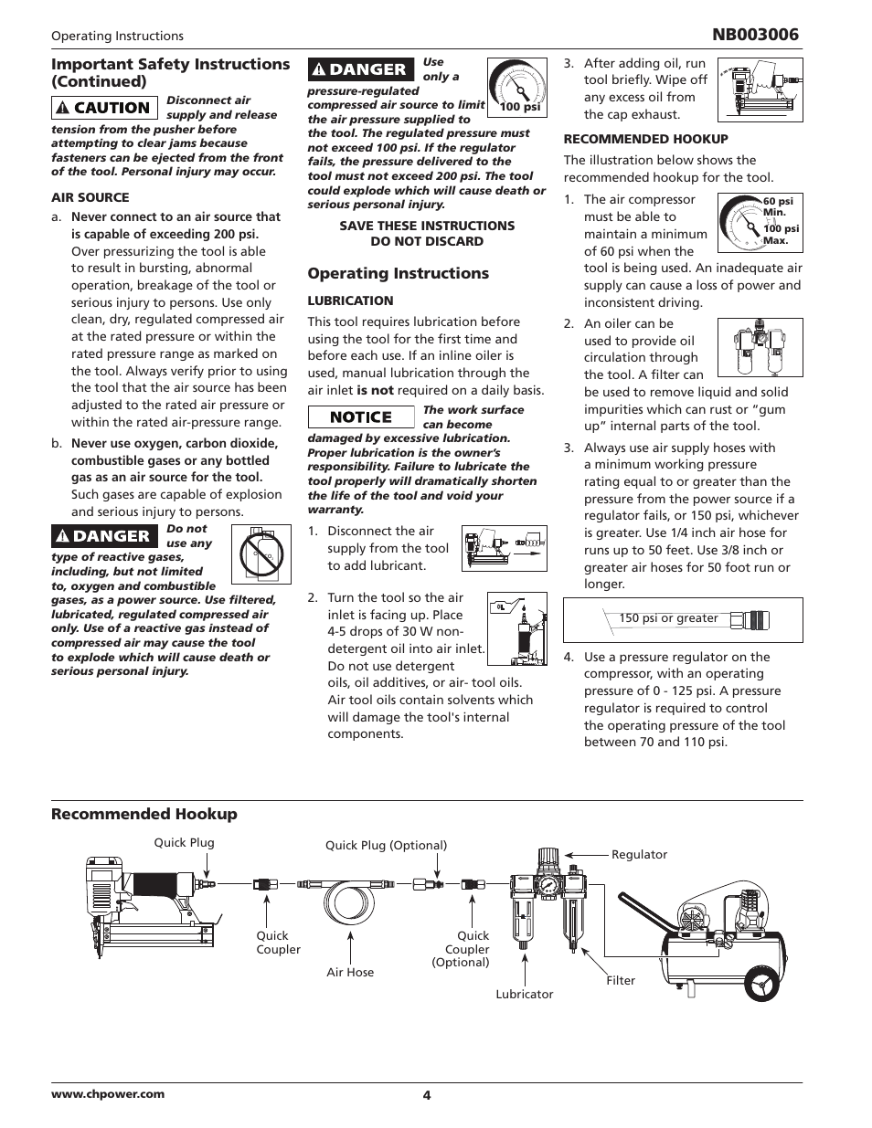Important safety instructions (continued), Operating instructions, Recommended hookup | Campbell Hausfeld IN703700AV User Manual | Page 4 / 24