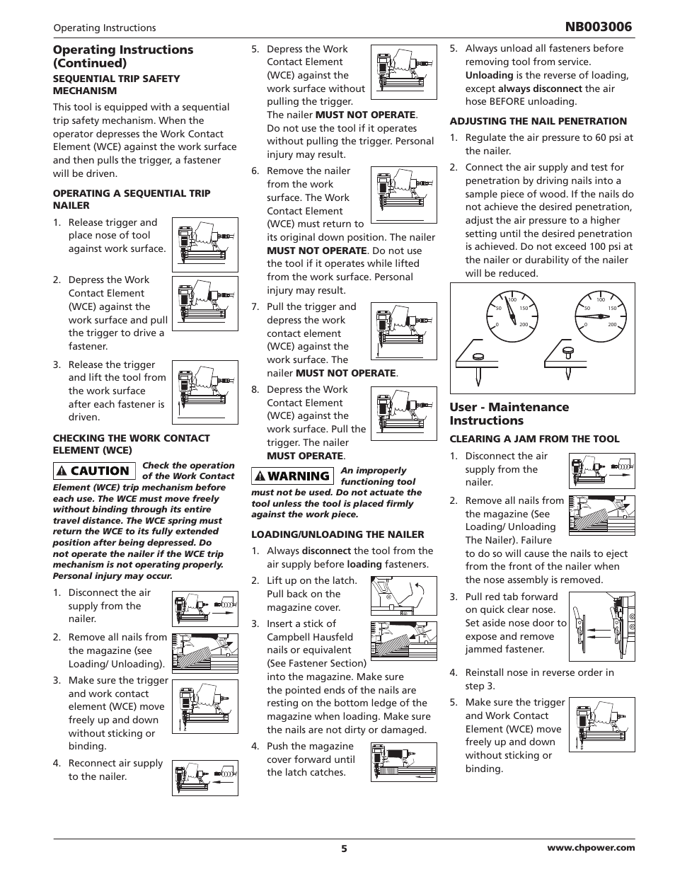 Operating instructions (continued), User - maintenance instructions | Campbell Hausfeld IN703700AV User Manual | Page 5 / 24