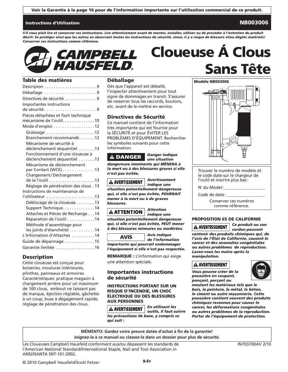 Cloueuse á clous sans tête | Campbell Hausfeld IN703700AV User Manual | Page 9 / 24