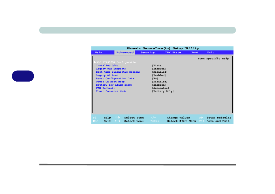 Advanced menu, Sio ite8305e configuration (advanced menu), Bios utilities 5 - 8 advanced menu | Figure 5 - 3 | Eurocom R130T ELEMENT User Manual | Page 82 / 274