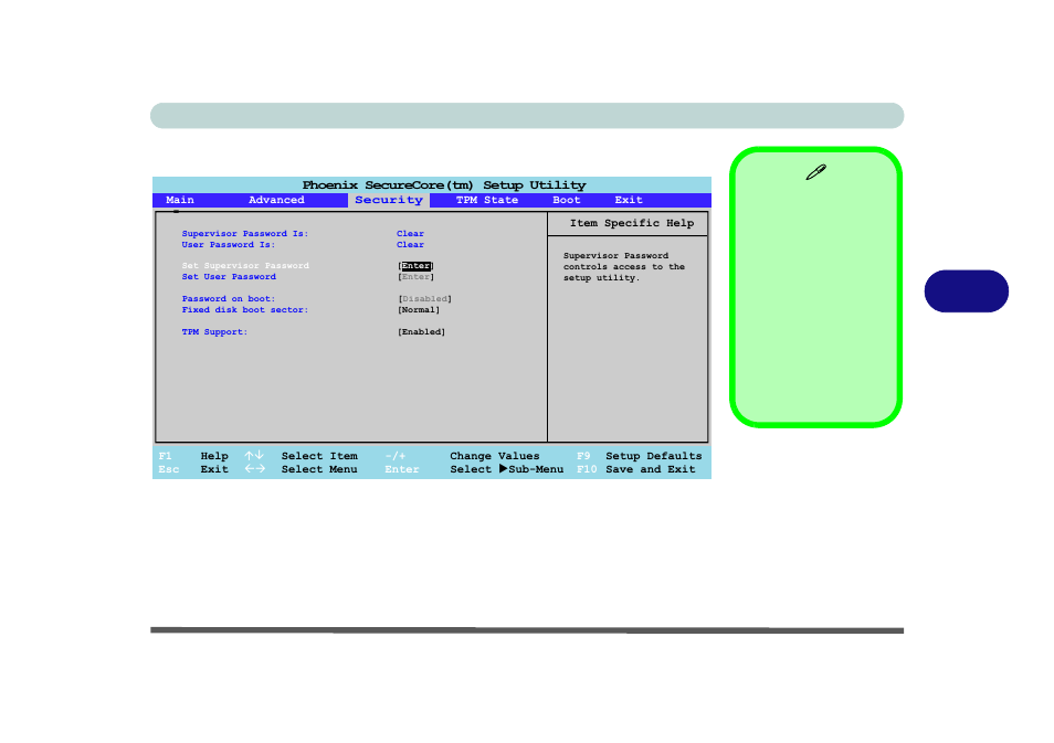 Security menu, Set supervisor password (security menu), Security menu -11 | Set supervisor password (security menu) -11, Bios utilities security menu 5 - 11, Figure 5 - 4 | Eurocom R130T ELEMENT User Manual | Page 85 / 274