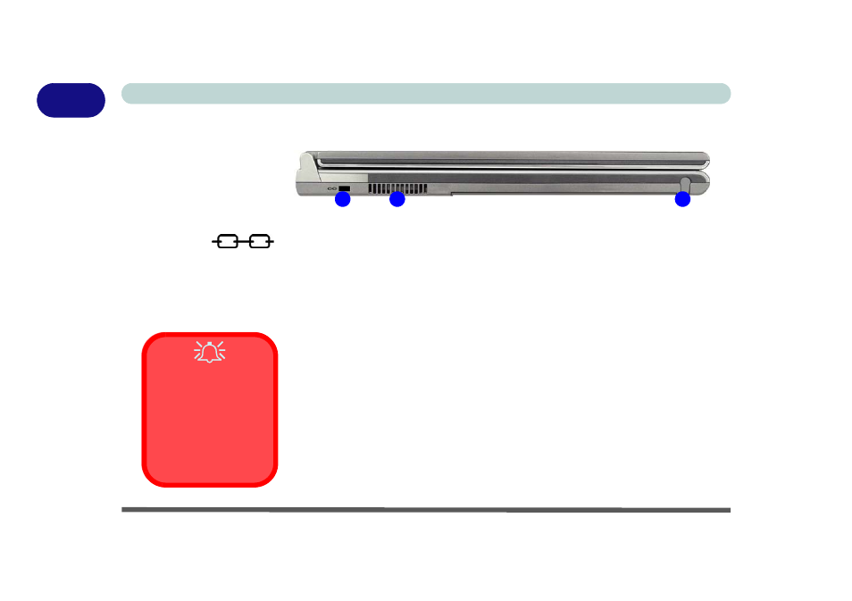 Left side view, Security lock slot, Figure 1 - 6 left side view | Vent, Overheating, Stylus pen holder, Left side view -16, Security lock slot -16 vent -16, Stylus pen holder -16 | Eurocom T210C Convertible User Manual | Page 36 / 178