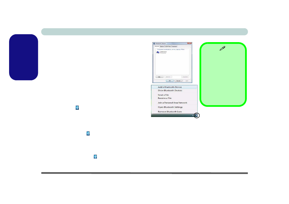 Bluetooth configuration, To turn the bluetooth module on, To add a bluetooth device | Ired (see, English | Eurocom TN12R Tablet User Manual | Page 44 / 226