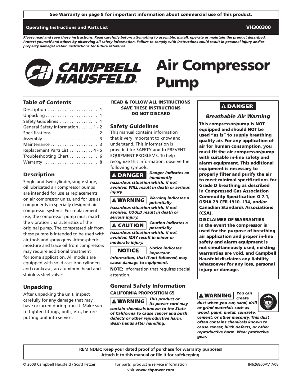 Campbell Hausfeld VH300300 User Manual | 24 pages