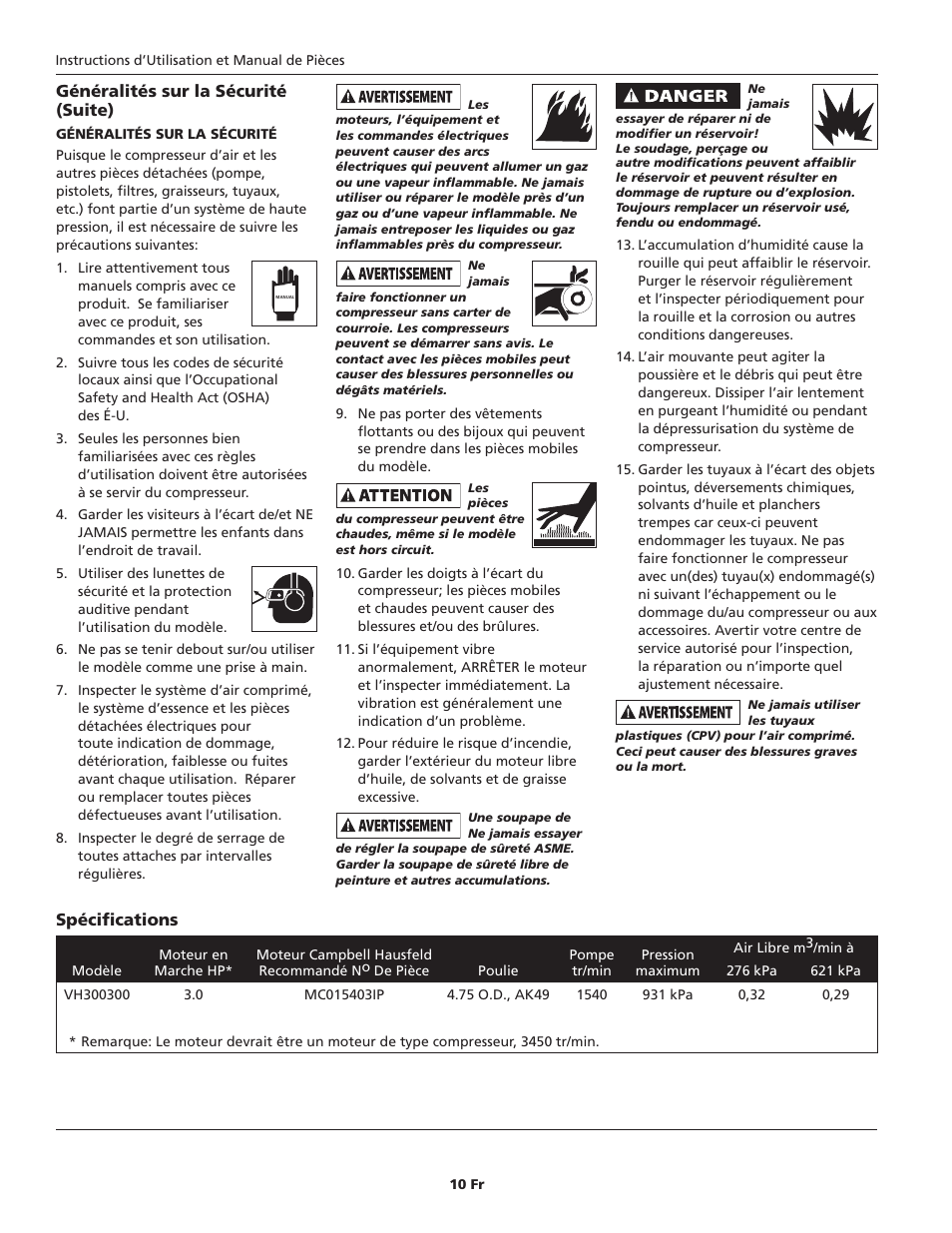 Généralités sur la sécurité (suite), Spécifications | Campbell Hausfeld VH300300 User Manual | Page 10 / 24