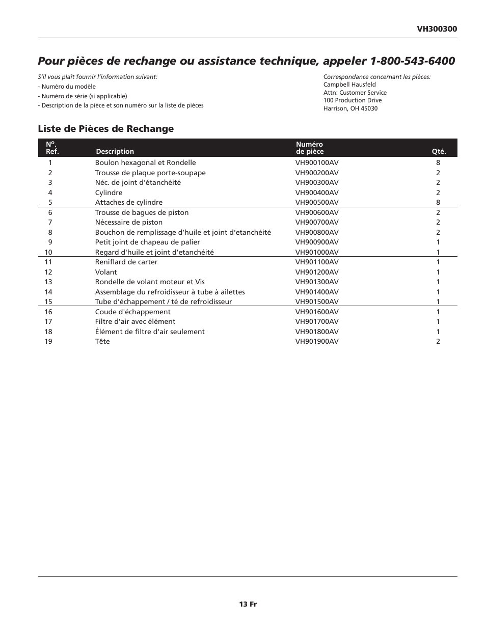 Liste de pièces de rechange | Campbell Hausfeld VH300300 User Manual | Page 13 / 24