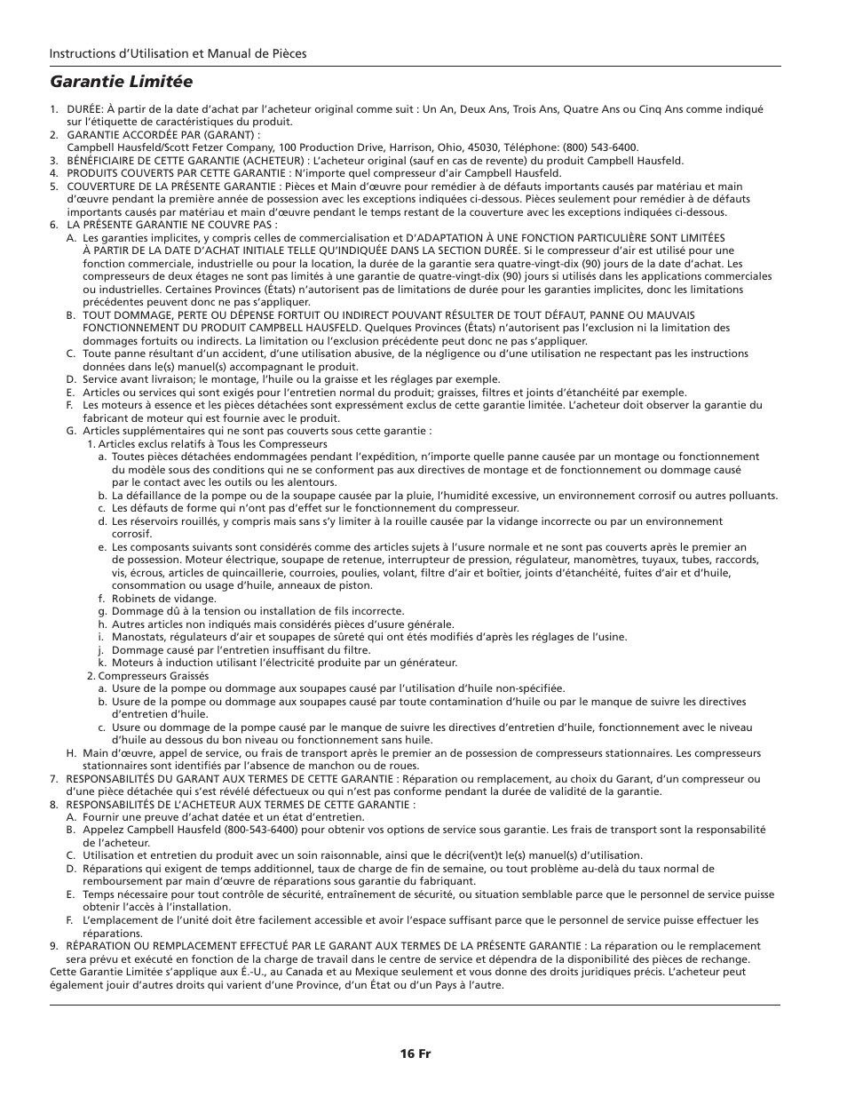 Garantie limitée | Campbell Hausfeld VH300300 User Manual | Page 16 / 24