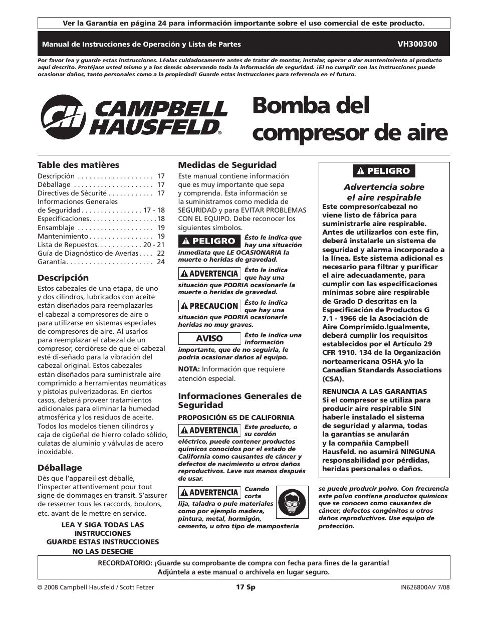 Bomba del compresor de aire | Campbell Hausfeld VH300300 User Manual | Page 17 / 24