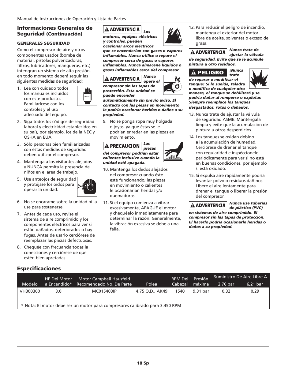 Informaciones generales de seguridad, Especificaciones | Campbell Hausfeld VH300300 User Manual | Page 18 / 24
