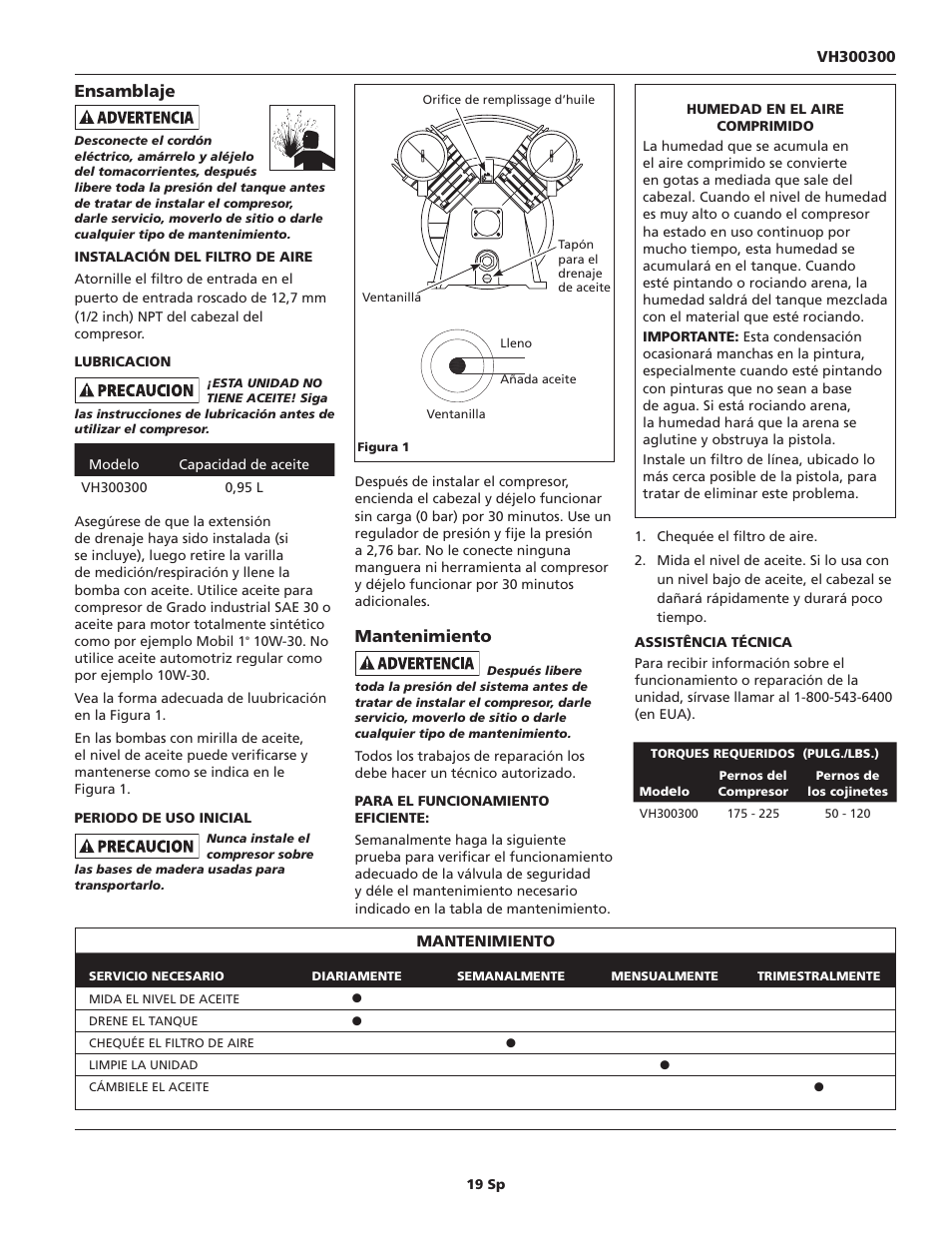 Ensamblaje, M antenimiento | Campbell Hausfeld VH300300 User Manual | Page 19 / 24