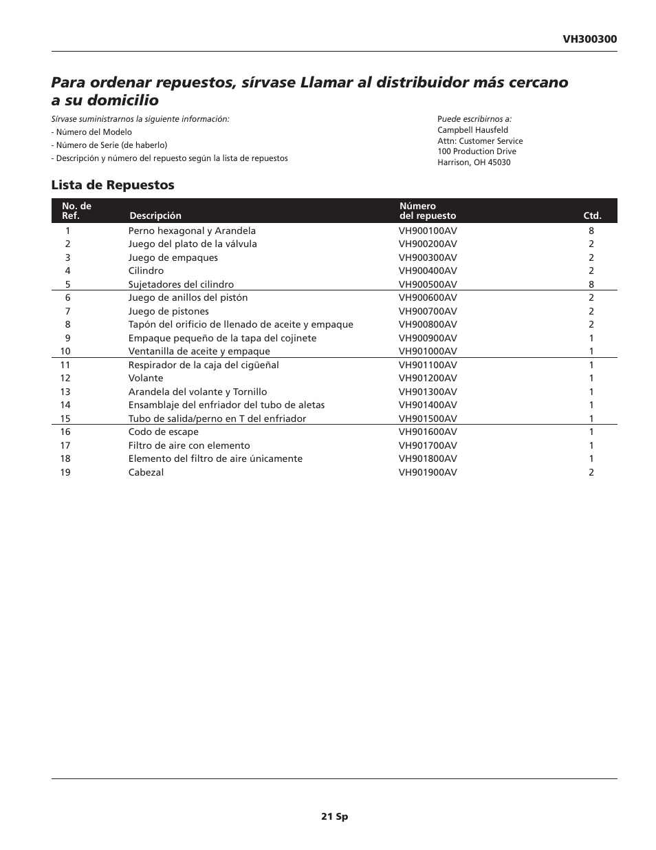 Lista de repuestos | Campbell Hausfeld VH300300 User Manual | Page 21 / 24