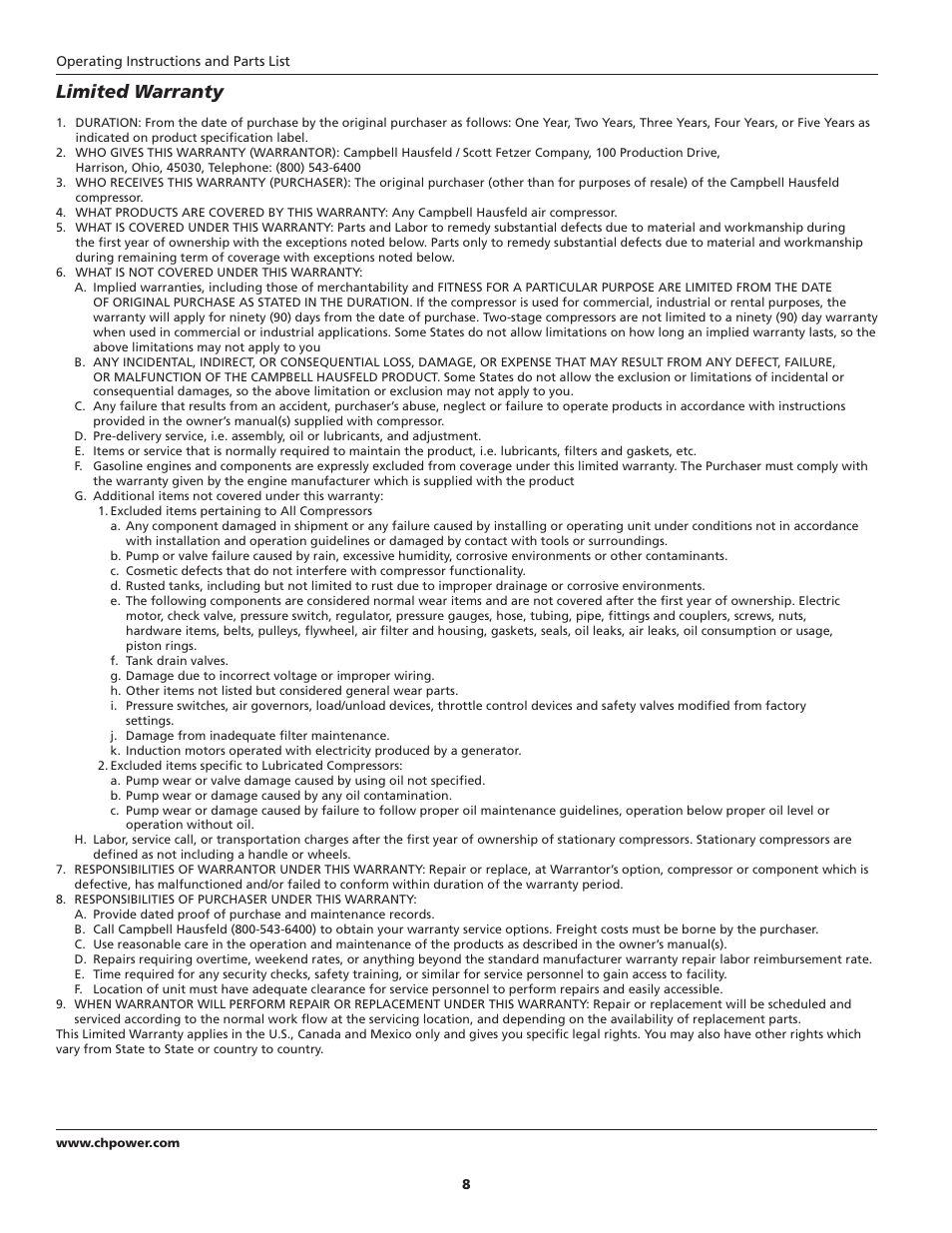 Limited warranty | Campbell Hausfeld VH300300 User Manual | Page 8 / 24