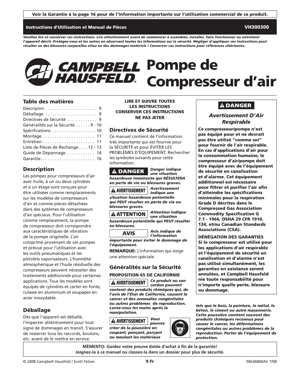 Pompe de compresseur d’air | Campbell Hausfeld VH300300 User Manual | Page 9 / 24