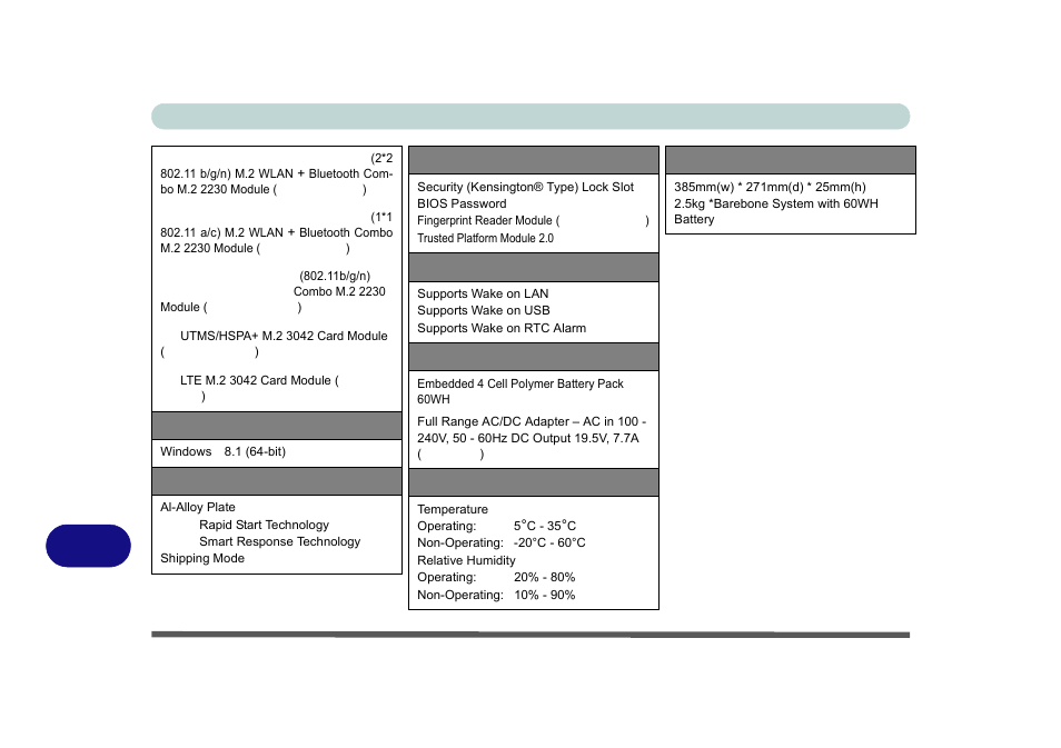 Operating system, Features, Security | Power management, Power, Environmental spec, Physical dimensions & weight, Specifications d - 4 specifications | Eurocom M5 Pro User Manual | Page 298 / 298
